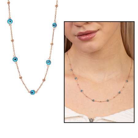 Basic Model Nazar Boncuğu Detaylı Rose Renk 925 Ayar Gümüş Kadın Şans Kolyesi - Tesbihane