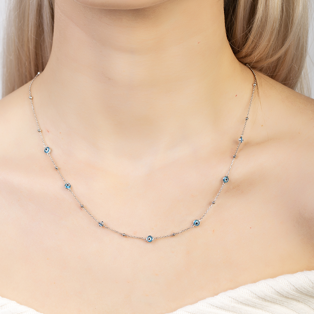 Basic Model Nazar Boncuğu Detaylı Gümüş Renk 925 Ayar Gümüş Kadın Şans Kolyesi - 4