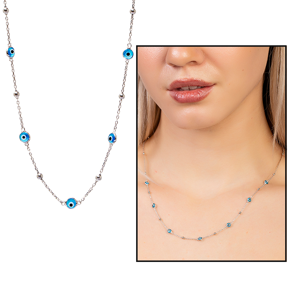 Basic Model Nazar Boncuğu Detaylı Gümüş Renk 925 Ayar Gümüş Kadın Şans Kolyesi - 1