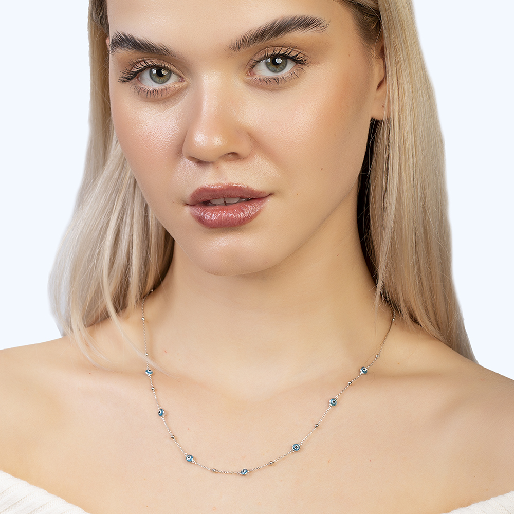 Basic Model Nazar Boncuğu Detaylı Gümüş Renk 925 Ayar Gümüş Kadın Şans Kolyesi - 2