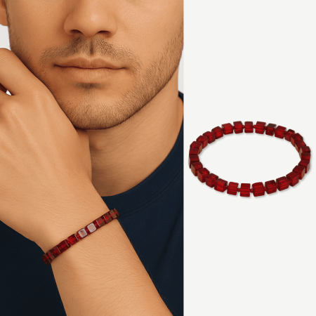 Bayrak Kırmızı Küp Kesim Doğal Damla Kehribar Erkek Bileklik - Tesbihane