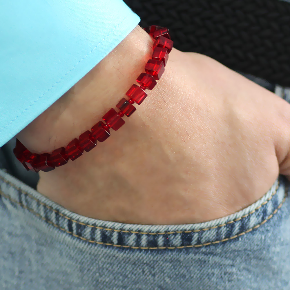 Bayrak Kırmızı Küp Kesim Doğal Damla Kehribar Erkek Bileklik - 7