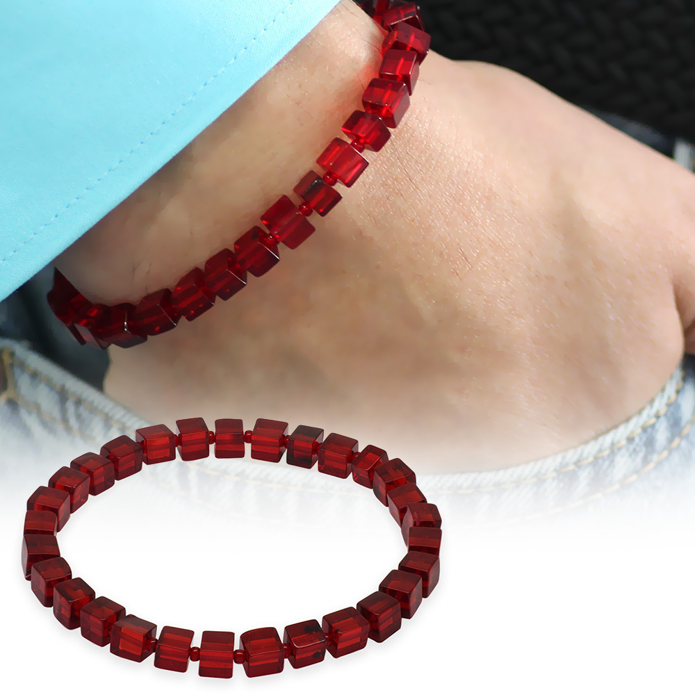 Bayrak Kırmızı Küp Kesim Doğal Damla Kehribar Erkek Bileklik - 5