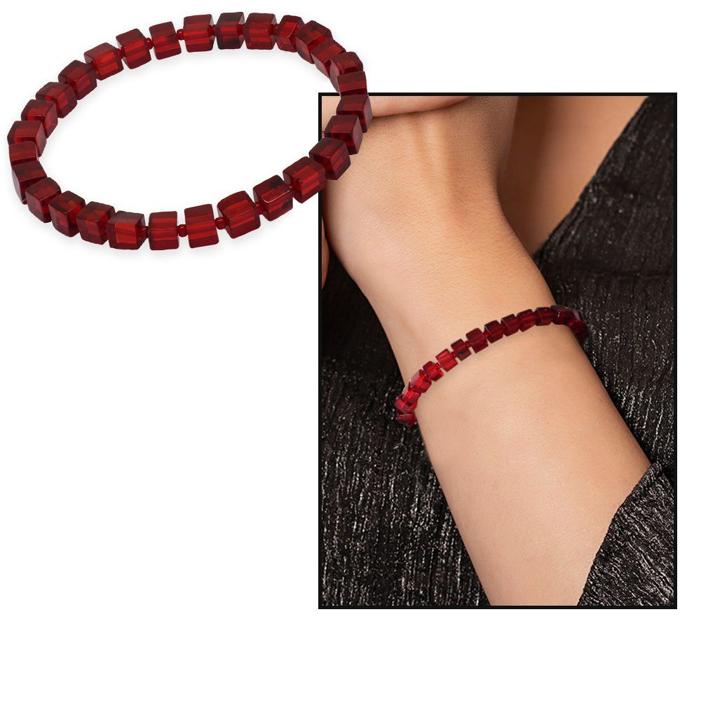 Bayrak Kırmızı Küp Kesim Doğal Damla Kehribar Kadın Bileklik - 5