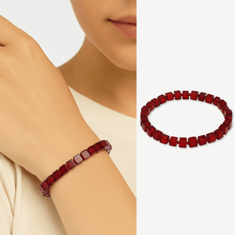 Bayrak Kırmızı Küp Kesim Doğal Damla Kehribar Kadın Bileklik - 1