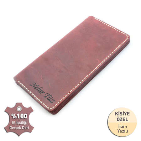 Bej İpten Tamamı El Dikişi Kırmızı Crazy Dana Derisi Cüzdan - STOKYOK