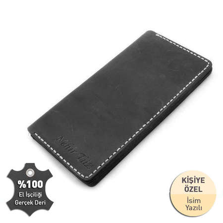 Bej İpten Tamamı El Dikişi Siyah Crazy Dana Derisi Cüzdan - Tesbihane