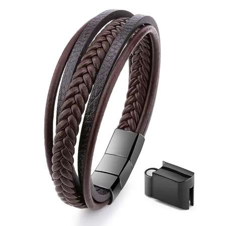 Beş Katmanlı Retro Kahverengi Deri Uzunluk Ayarlanabilir Kilit Sistemli Erkek Bileklik - Tesbihane