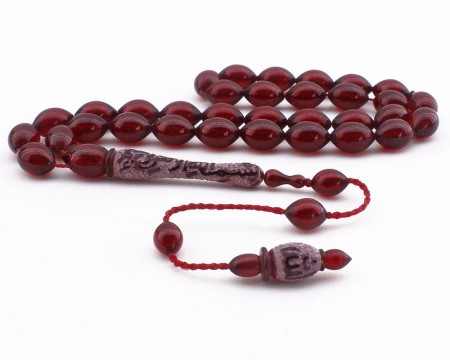 Besmele-İ Şerif Yazılı Özel Model Kırmızı Sıkma Kehribar Tesbih - Tesbihane