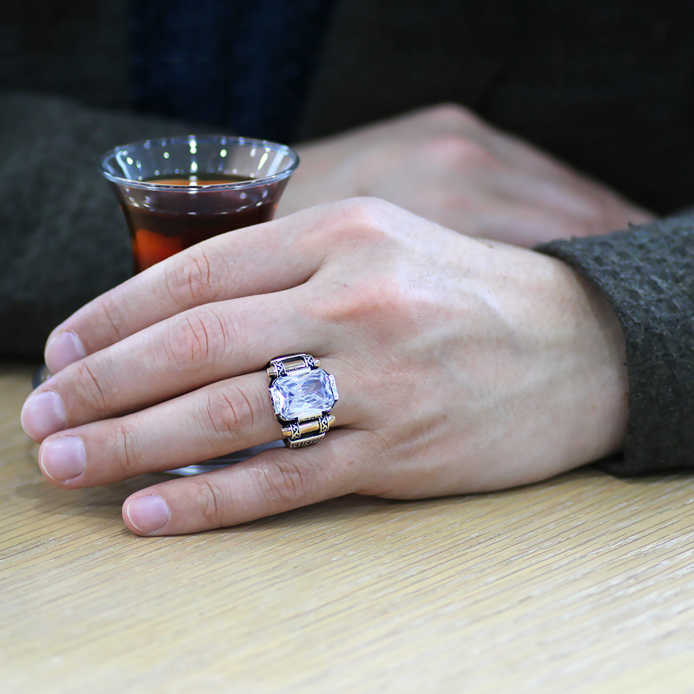 Beyaz Baget Taşlı Avangarde Tasarım 925 Ayar Gümüş Şah Cihan Yüzük - 2