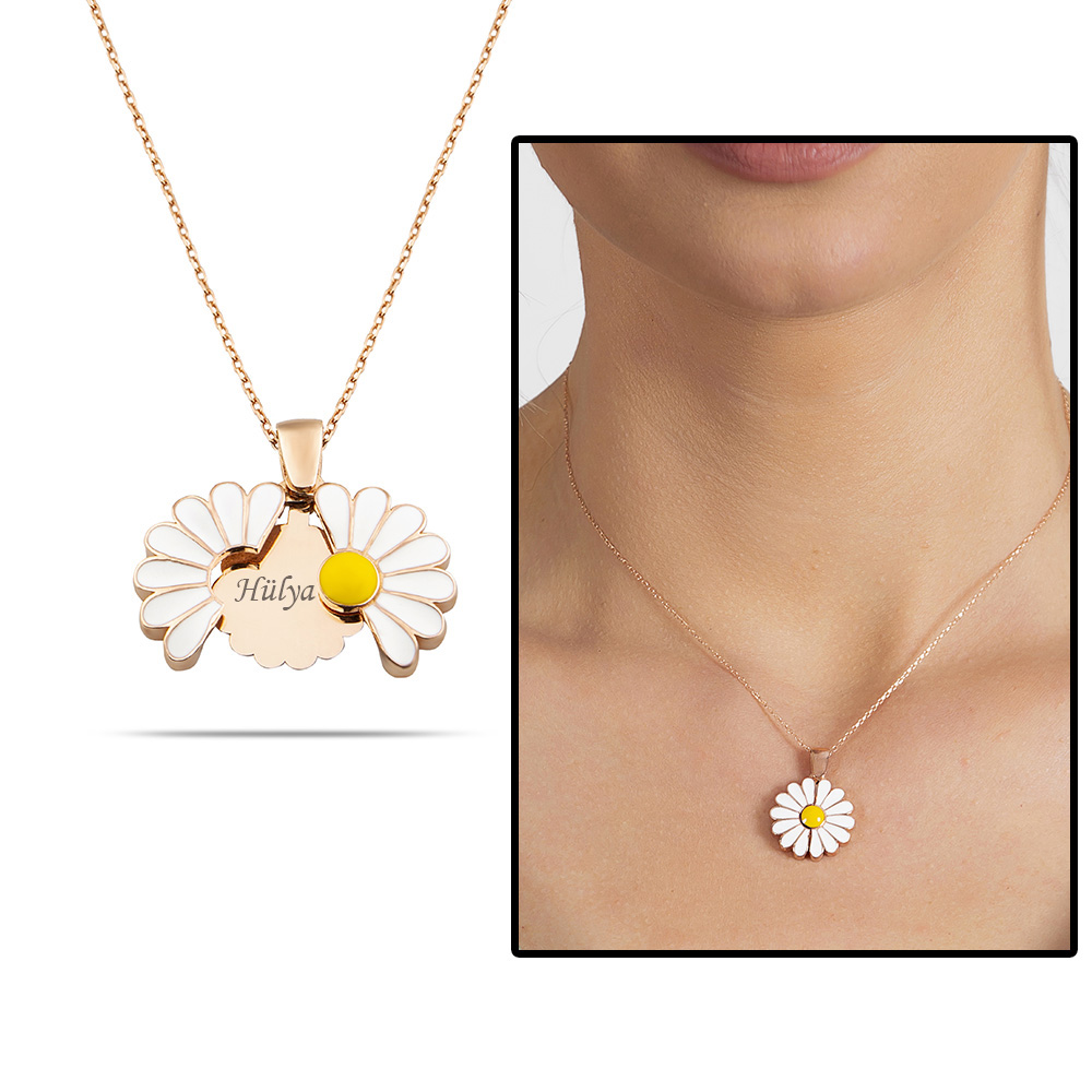 Beyaz Mineli Papatya Tasarım Kişiye Özel İsim Yazılı 925 Ayar Gümüş Kadın Kolye - 1