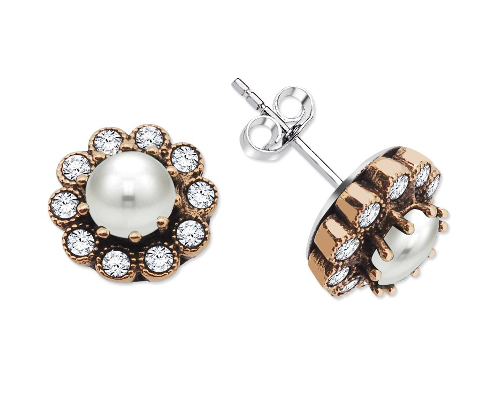 Beyaz Zirkon Taşlı Çiçek Tasarım 925 Ayar Gümüş İnci Küpe - 2