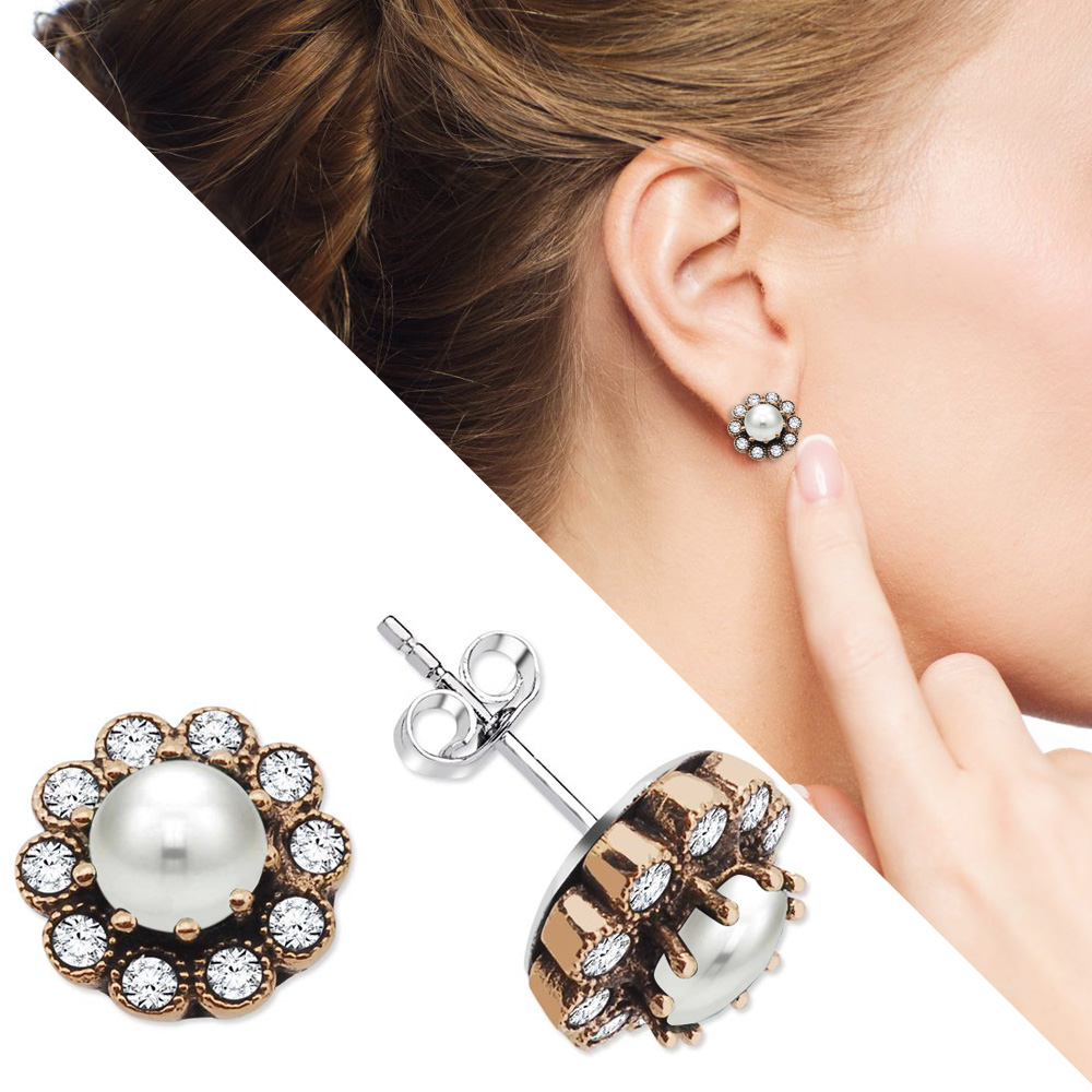 Beyaz Zirkon Taşlı Çiçek Tasarım 925 Ayar Gümüş İnci Küpe - 1