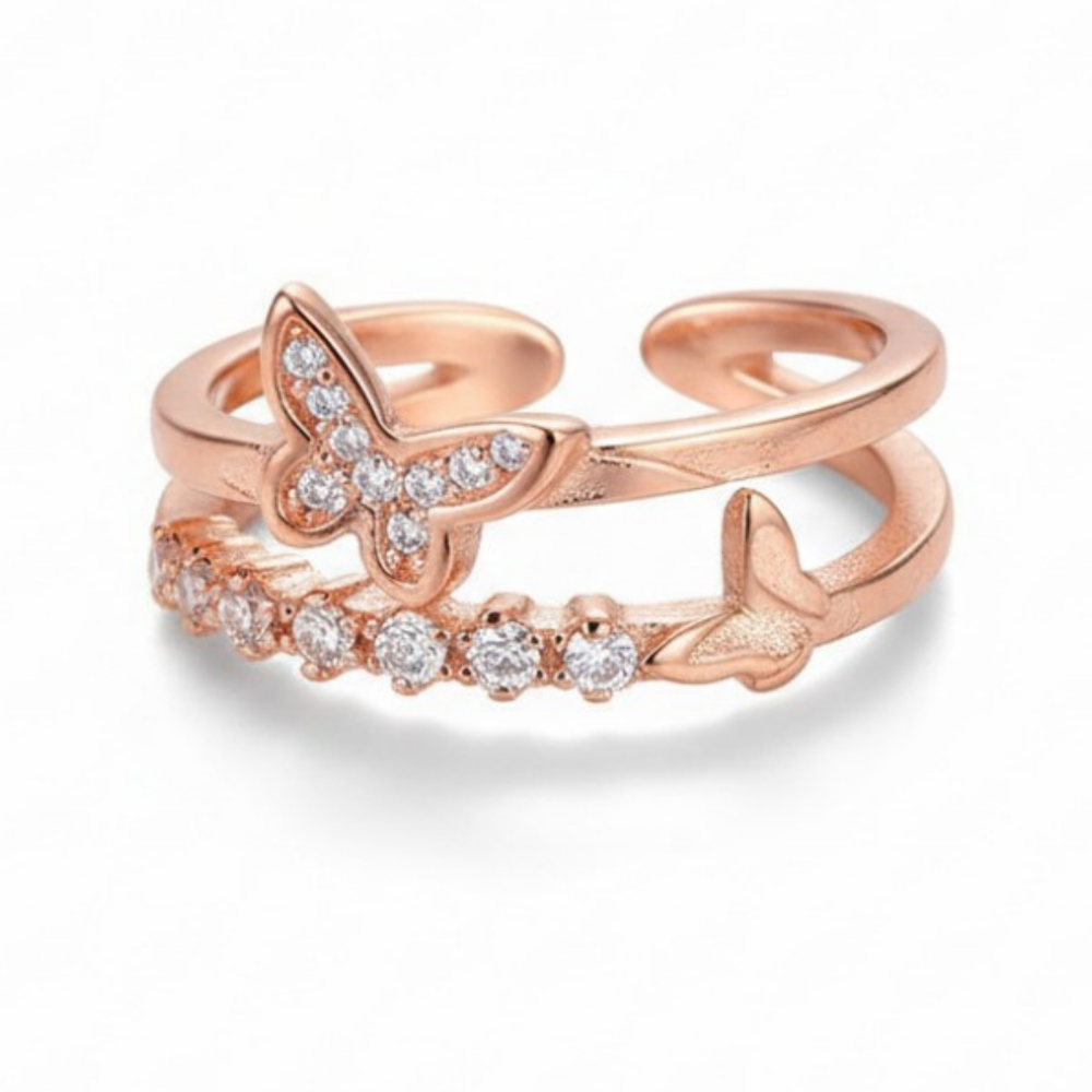 Beyaz Zirkon Taşlı Kelebek Detaylı Rose Renk Ayarlanabilir Ölçü 925 Ayar Gümüş Kadın Yüzük - 2