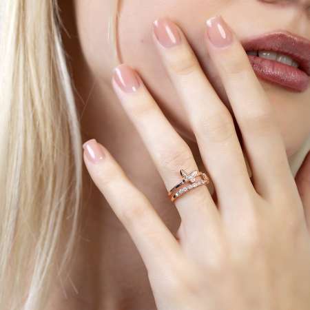 Beyaz Zirkon Taşlı Kelebek Detaylı Rose Renk Ayarlanabilir Ölçü 925 Ayar Gümüş Kadın Yüzük - Tesbihane