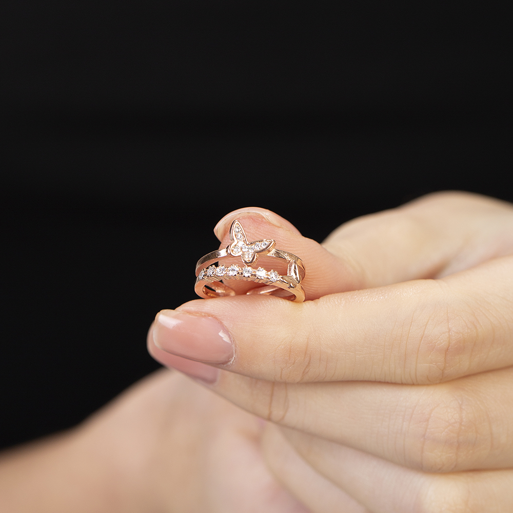 Beyaz Zirkon Taşlı Kelebek Detaylı Rose Renk Ayarlanabilir Ölçü 925 Ayar Gümüş Kadın Yüzük - 2