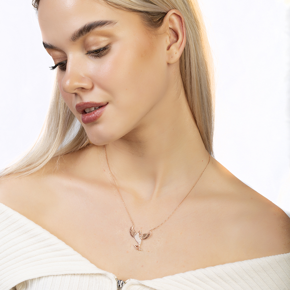 Beyaz Zirkon Taşlı Anka Kuşu Tasarım Rose Renk 925 Ayar Gümüş Kadın Kolye - 2