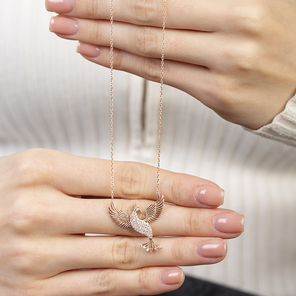 Beyaz Zirkon Taşlı Anka Kuşu Tasarım Rose Renk 925 Ayar Gümüş Kadın Kolye - 4