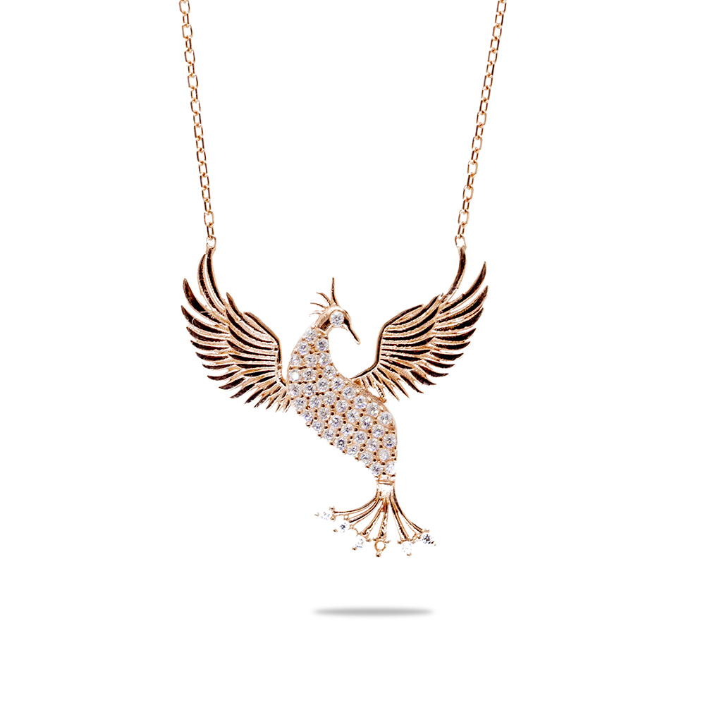 Beyaz Zirkon Taşlı Anka Kuşu Tasarım Rose Renk 925 Ayar Gümüş Kadın Kolye - 7