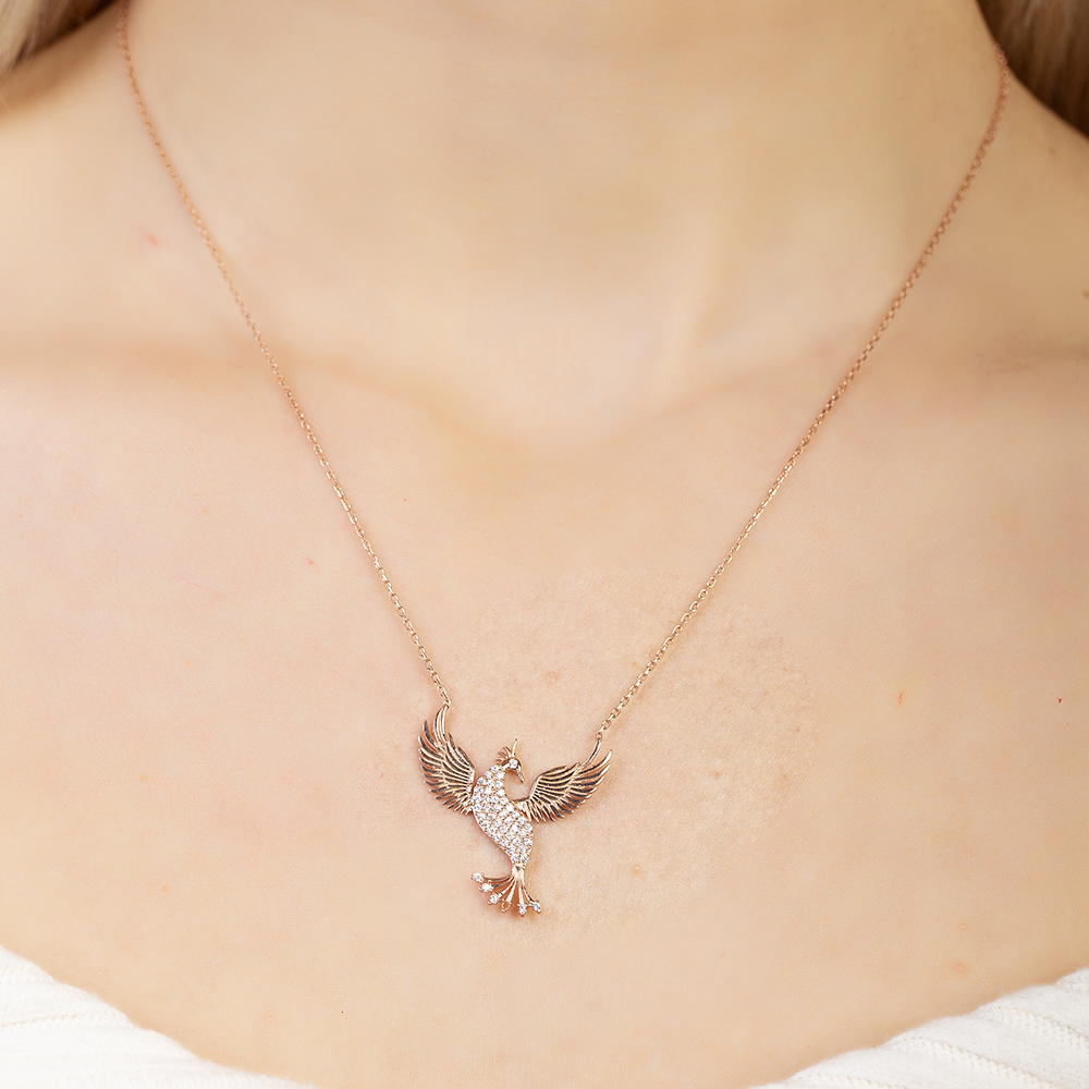 Beyaz Zirkon Taşlı Anka Kuşu Tasarım Rose Renk 925 Ayar Gümüş Kadın Kolye - 3