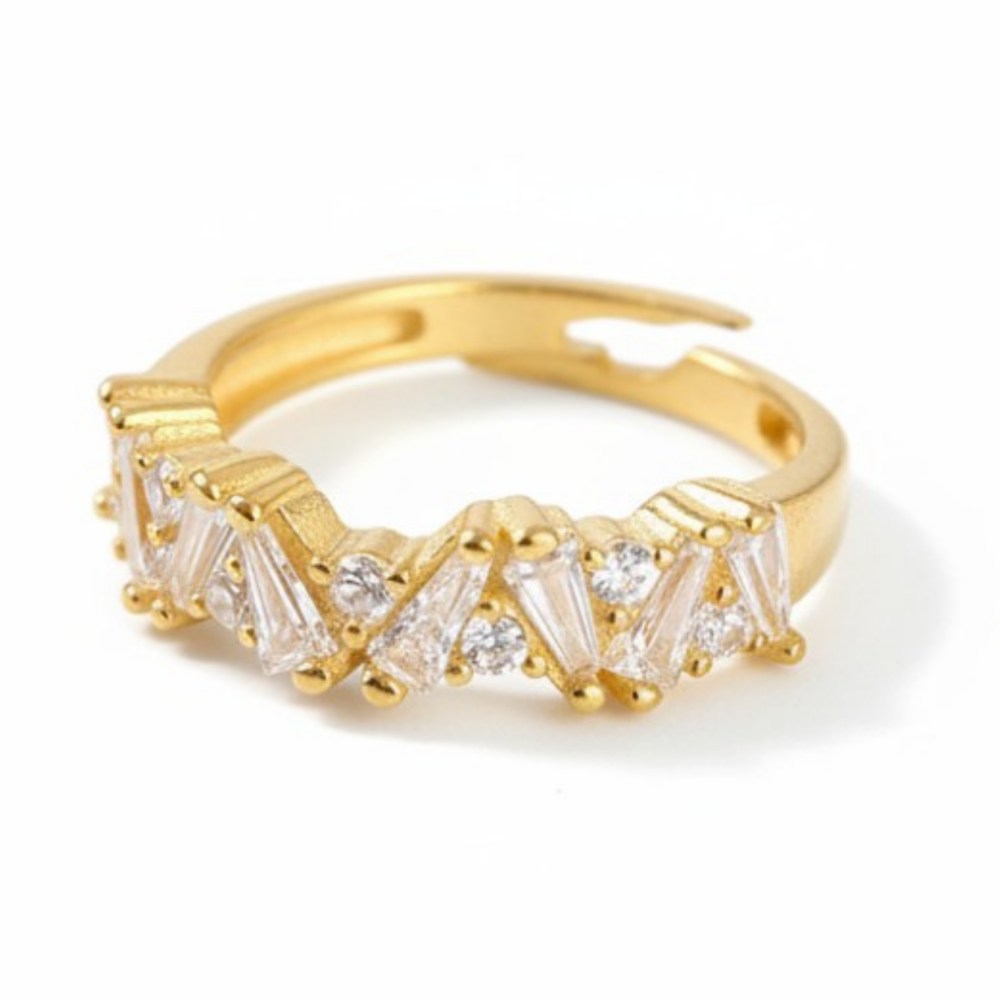 Beyaz Zirkon Taşlı Asimetrik Tasarım Altın Renk Ayarlanabilir Ölçü 925 Ayar Gümüş Kadın Yüzük - 4