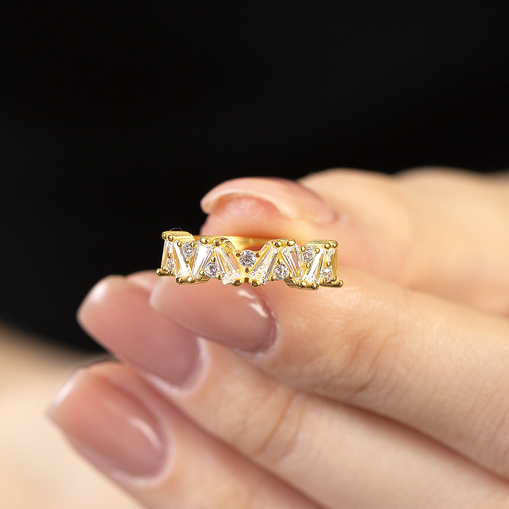 Beyaz Zirkon Taşlı Asimetrik Tasarım Altın Renk Ayarlanabilir Ölçü 925 Ayar Gümüş Kadın Yüzük - 2