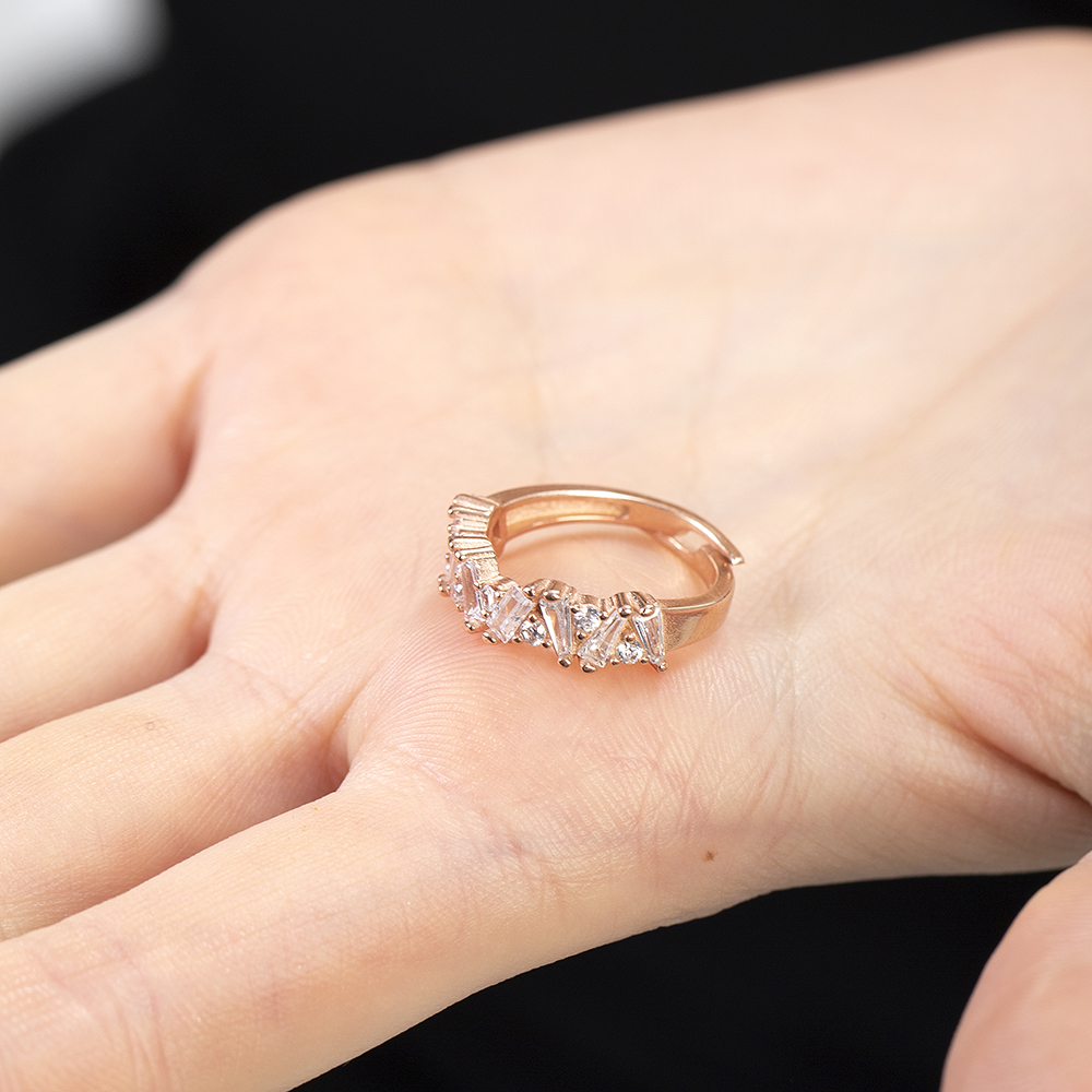 Beyaz Zirkon Taşlı Asimetrik Tasarım Rose Renk Ayarlanabilir Ölçü 925 Ayar Gümüş Kadın Yüzük - 2