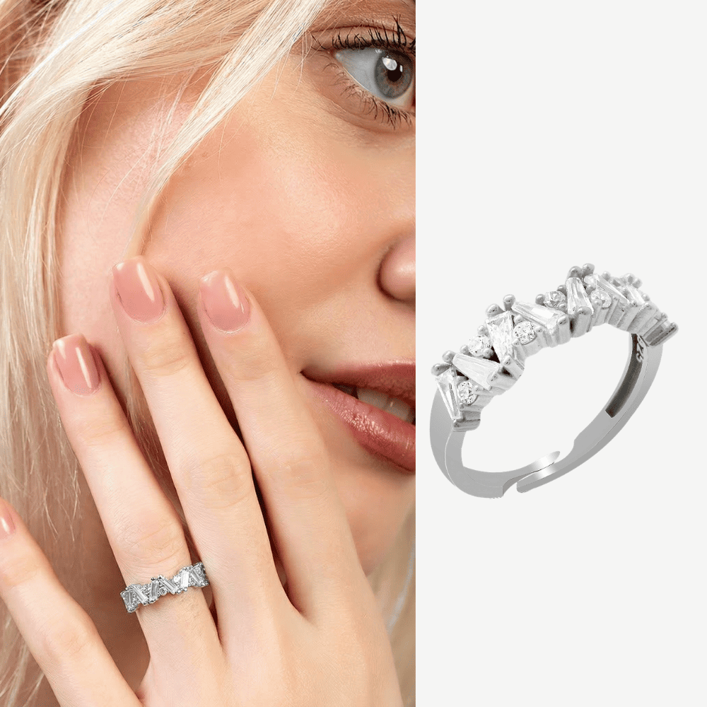 Beyaz Zirkon Taşlı Asimetrik Tasarım Gümüş Renk Ayarlanabilir Ölçü 925 Ayar Gümüş Kadın Yüzük - 1