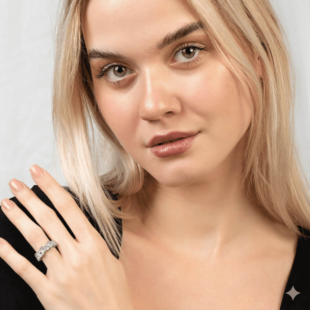 Beyaz Zirkon Taşlı Asimetrik Tasarım Gümüş Renk Ayarlanabilir Ölçü 925 Ayar Gümüş Kadın Yüzük - 3