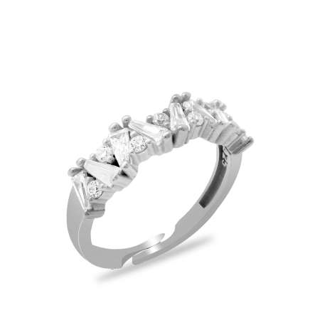 Beyaz Zirkon Taşlı Asimetrik Tasarım Gümüş Renk Ayarlanabilir Ölçü 925 Ayar Gümüş Kadın Yüzük - Tesbihane