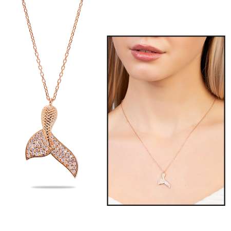 Beyaz Zirkon Taşlı Balina Kuyruğu Tasarım Rose Renk 925 Ayar Gümüş Kadın Kolye - Tesbihane