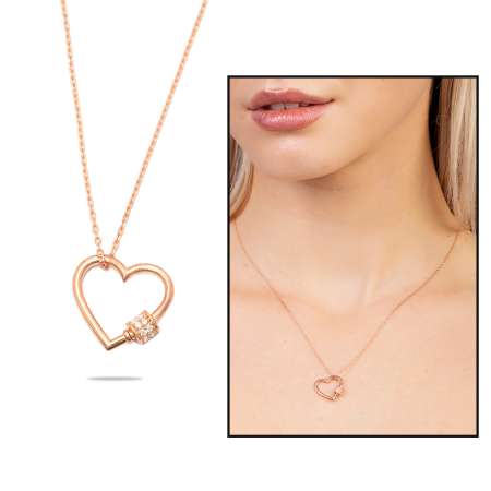 Beyaz Zirkon Taşlı Çark Detaylı Kalp Tasarım Rose Renk 925 Ayar Gümüş Kadın Kolye - Tesbihane