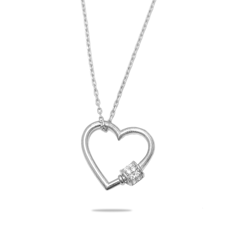 Beyaz Zirkon Taşlı Çark Detaylı Kalp Tasarım Gümüş Renk 925 Ayar Gümüş Kadın Kolye - 2