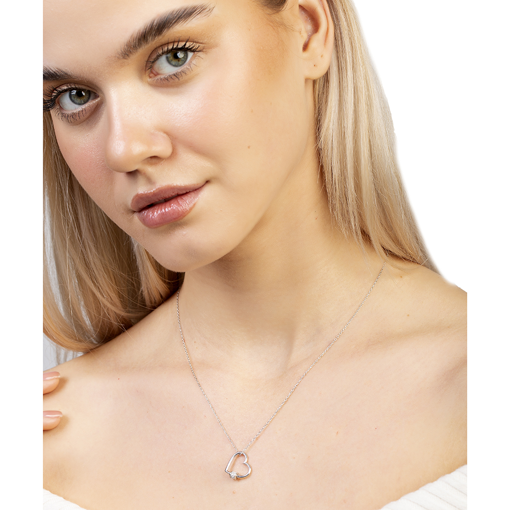 Beyaz Zirkon Taşlı Çark Detaylı Kalp Tasarım Gümüş Renk 925 Ayar Gümüş Kadın Kolye - 3