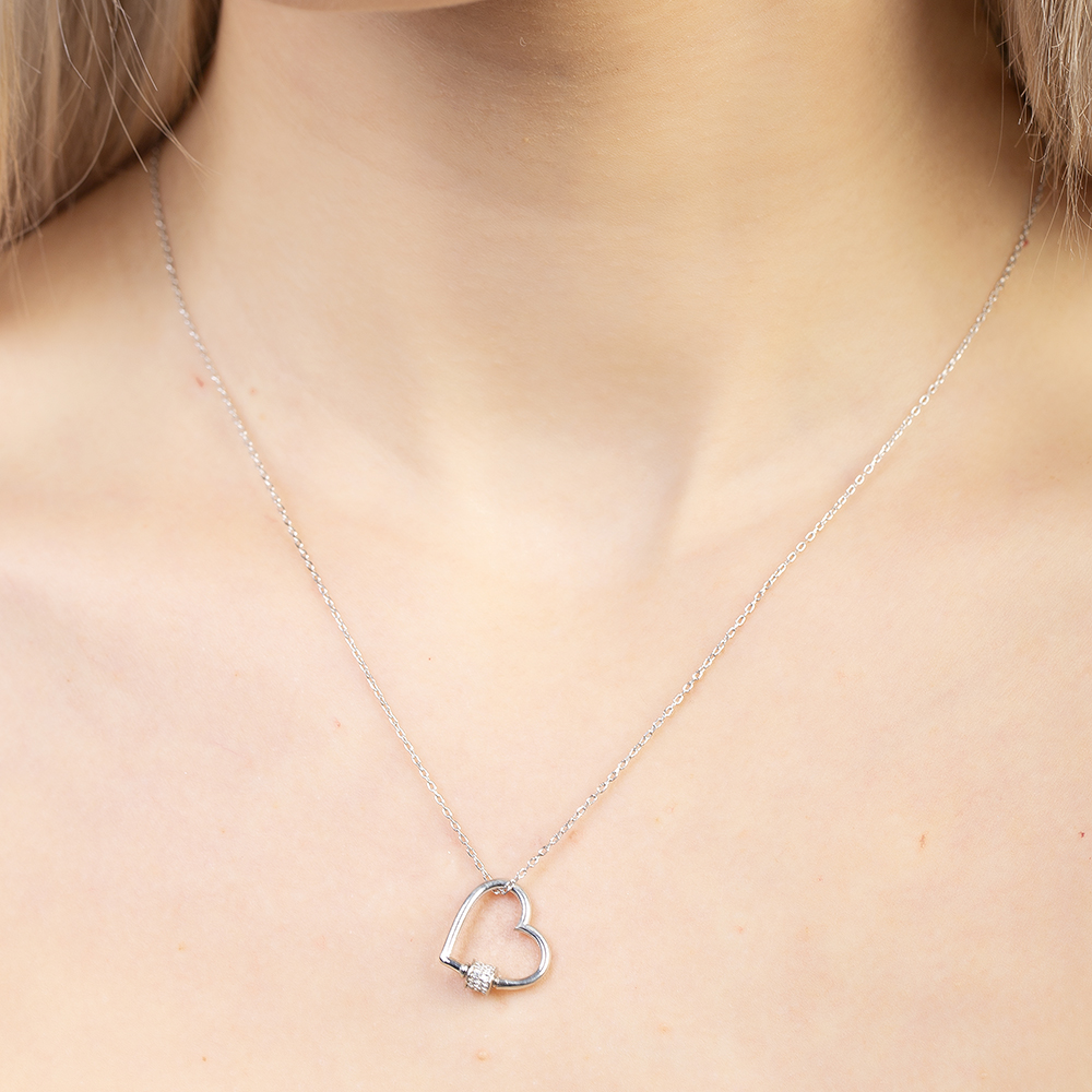 Beyaz Zirkon Taşlı Çark Detaylı Kalp Tasarım Gümüş Renk 925 Ayar Gümüş Kadın Kolye - 4