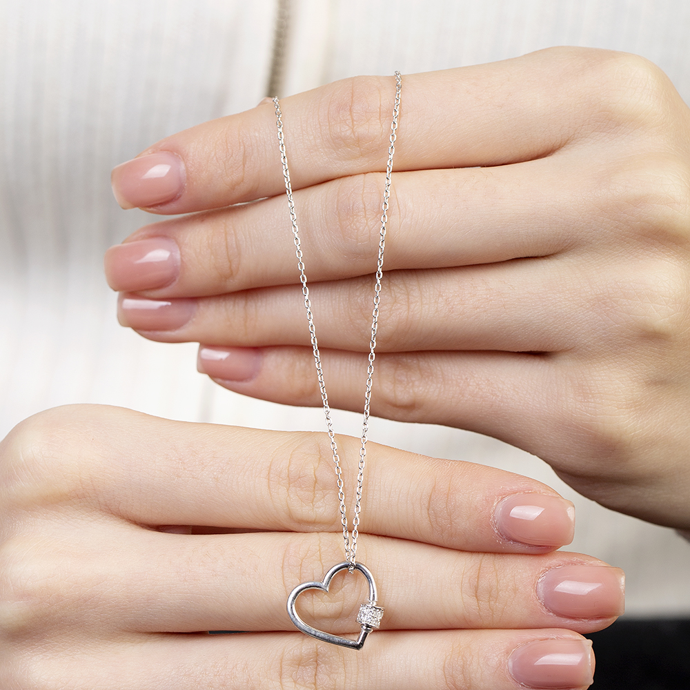 Beyaz Zirkon Taşlı Çark Detaylı Kalp Tasarım Gümüş Renk 925 Ayar Gümüş Kadın Kolye - 5