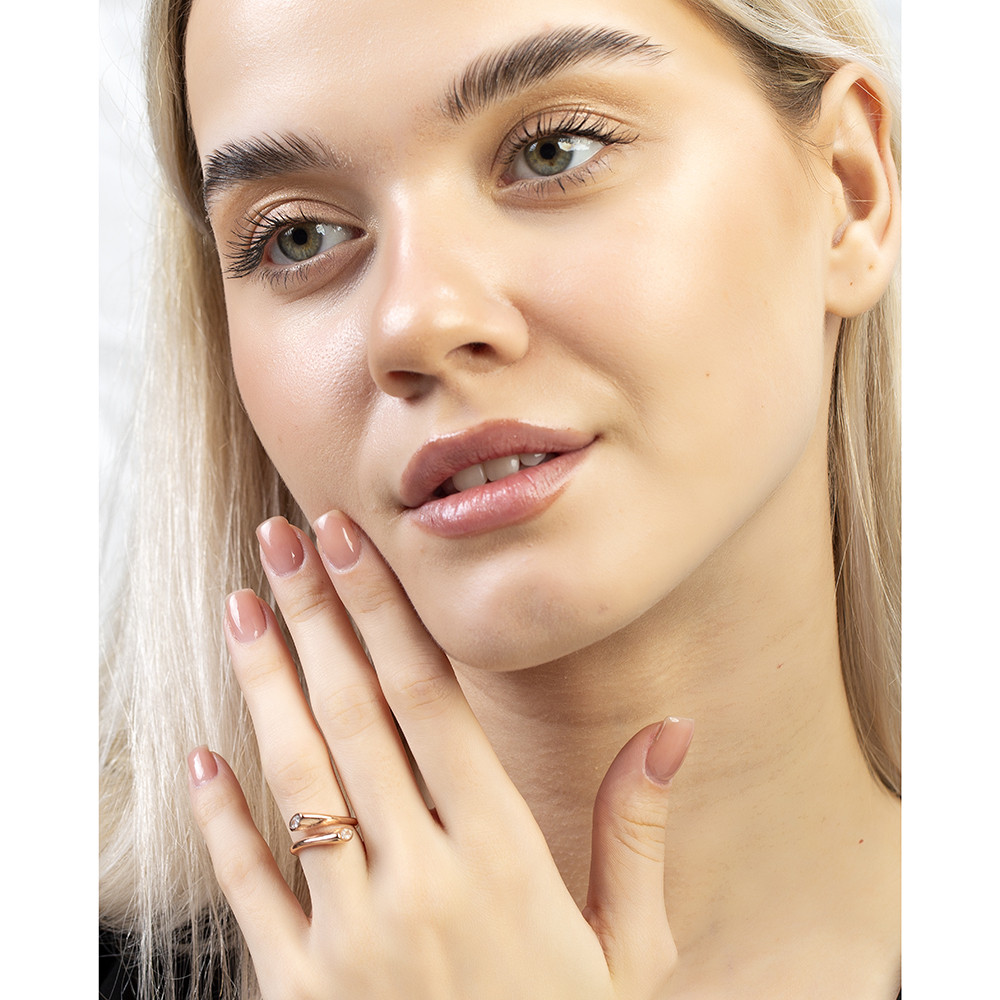 Beyaz Zirkon Taşlı Rose Renk Ayarlanabilir Ölçü 925 Ayar Gümüş Kadın Yüzük - 3