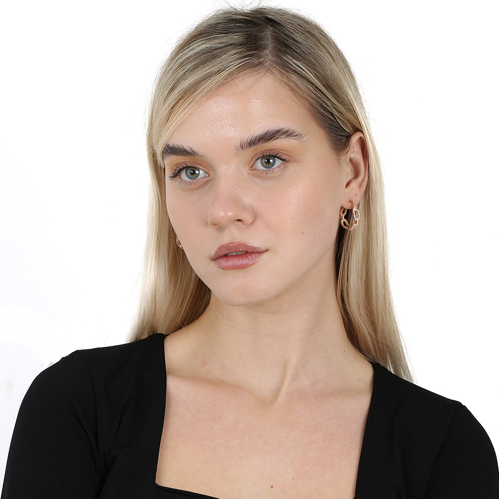 Beyaz Zirkon Taşlı Diamond Cut Tasarım Rose Renk 925 Ayar Gümüş Kadın Küpe - 2