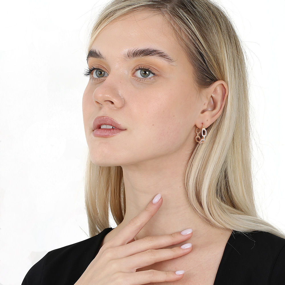 Beyaz Zirkon Taşlı Diamond Cut Tasarım Rose Renk 925 Ayar Gümüş Kadın Küpe - 1