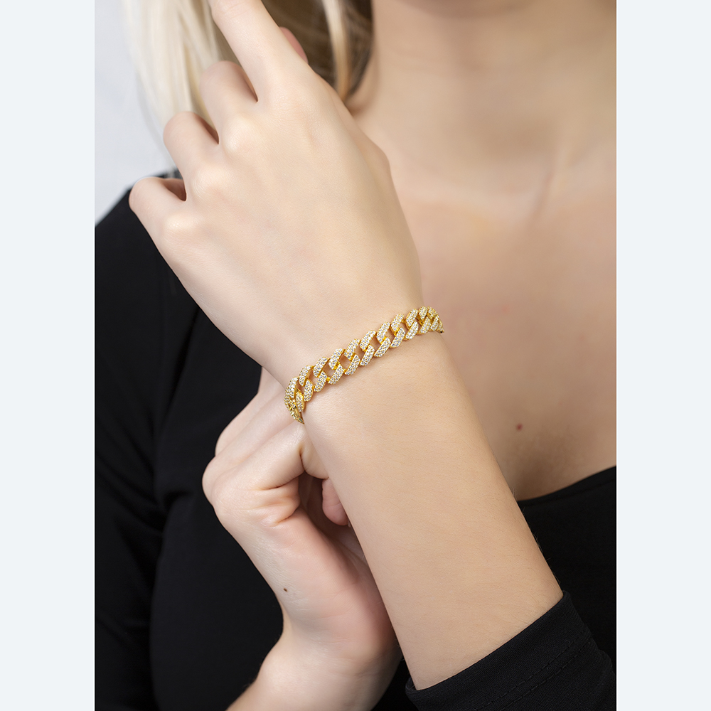 Beyaz Zirkon Taşlı Altın Renk 925 Ayar Gümüş Gurmet Kadın Bileklik - 4