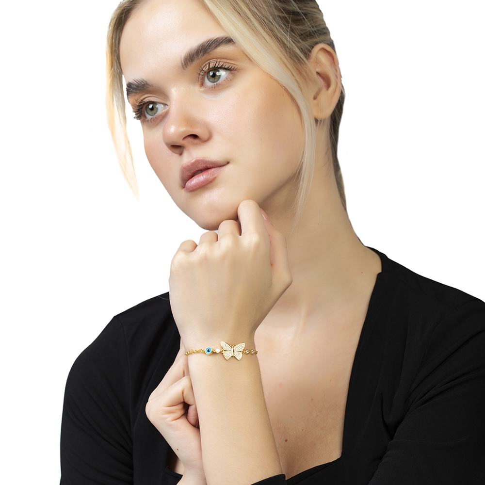 Beyaz Zirkon Taşlı Altın Renk Kelebek Tasarım Nazar Boncuğu Detaylı 925 Ayar Gümüş Kadın Bileklik - 3