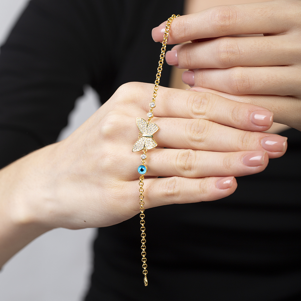 Beyaz Zirkon Taşlı Altın Renk Kelebek Tasarım Nazar Boncuğu Detaylı 925 Ayar Gümüş Kadın Bileklik - 5