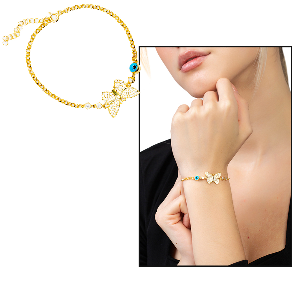 Beyaz Zirkon Taşlı Altın Renk Kelebek Tasarım Nazar Boncuğu Detaylı 925 Ayar Gümüş Kadın Bileklik - 1
