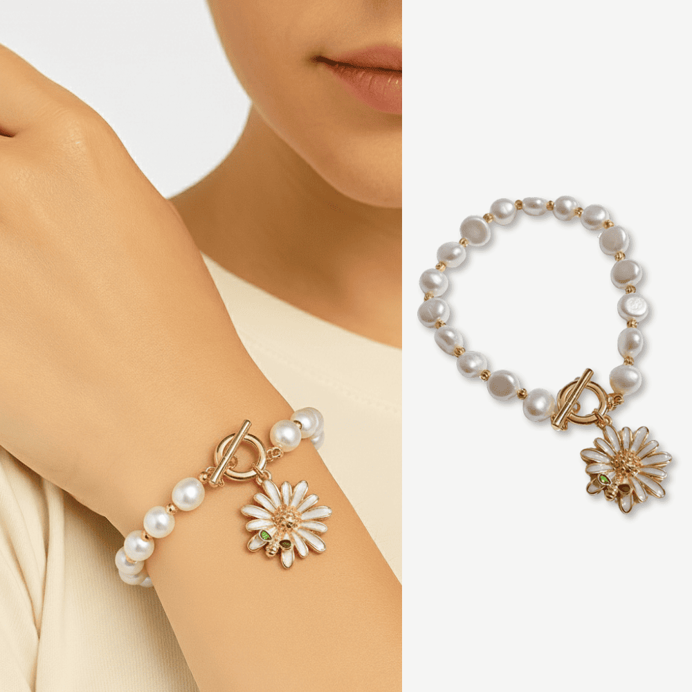 Beyaz Zirkon Taşlı Altın Renk Kelebek Tasarım Uzunluk Ayarlı Doğaltaş İnci Kadın Bileklik - 1