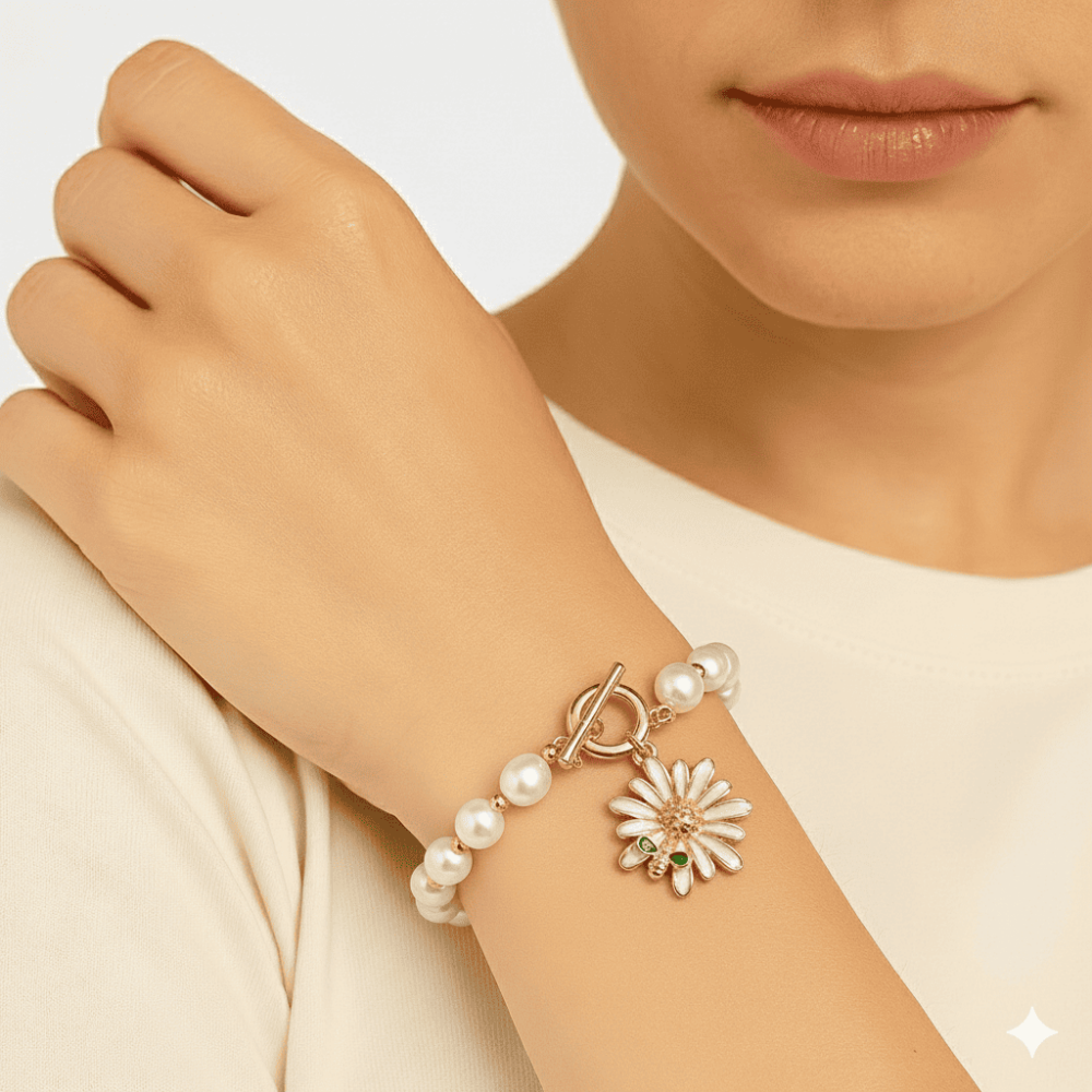 Beyaz Zirkon Taşlı Altın Renk Kelebek Tasarım Uzunluk Ayarlı Doğaltaş İnci Kadın Bileklik - 2