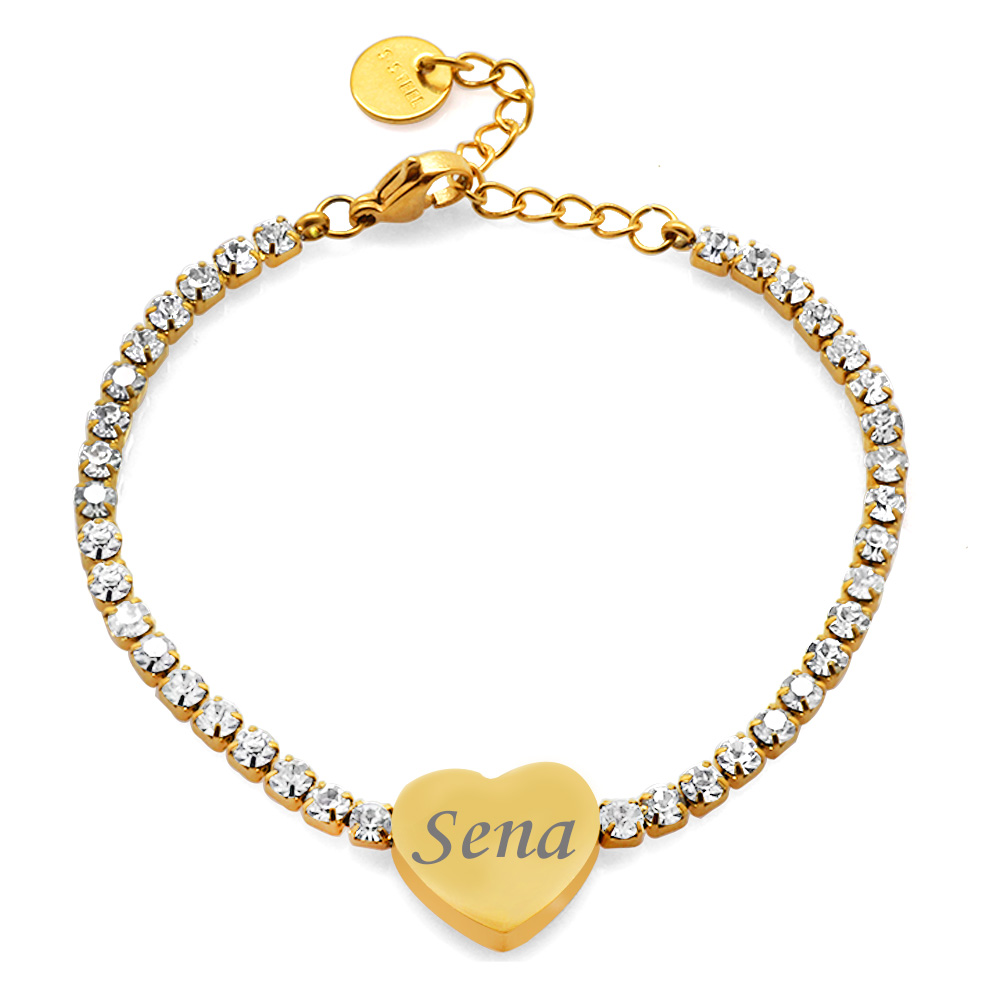 Beyaz Zirkon Taşlı Kalp Tasarım Altın Renk Kişiye Özel İsim Yazılı Çelik Kadın Bileklik - 2