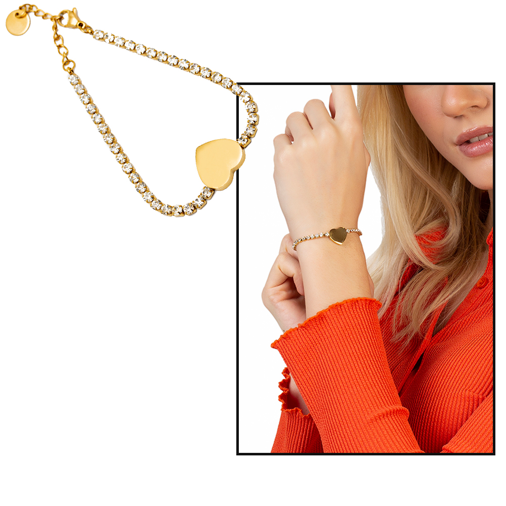 Beyaz Zirkon Taşlı Kalp Tasarım Altın Renk Kişiye Özel İsim Yazılı Çelik Kadın Bileklik - 1