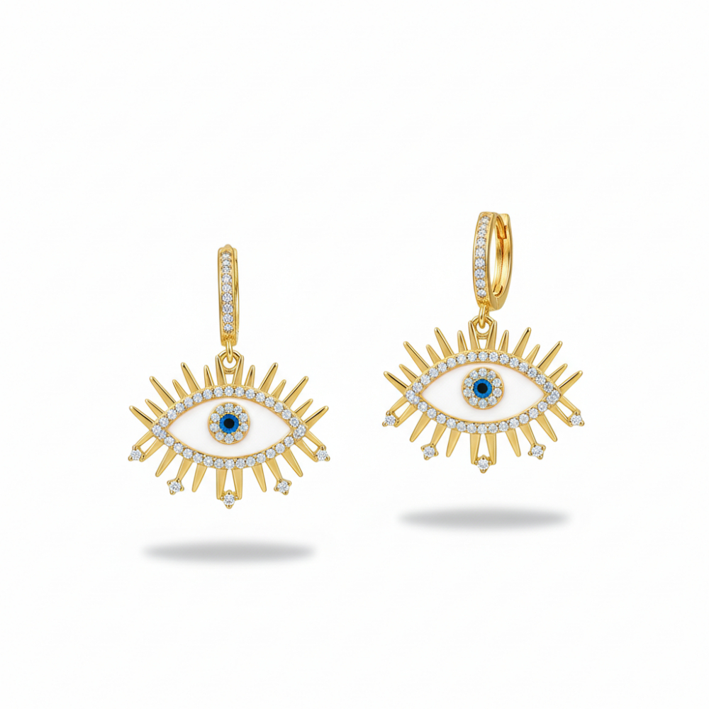 Beyaz Zirkon Taşlı Göz Tasarım Altın Renk 925 Ayar Gümüş Kadın Küpe - 4