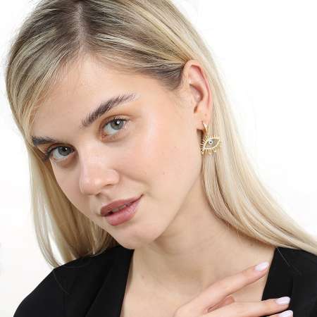 Beyaz Zirkon Taşlı Göz Tasarım Altın Renk 925 Ayar Gümüş Kadın Küpe - Tesbihane