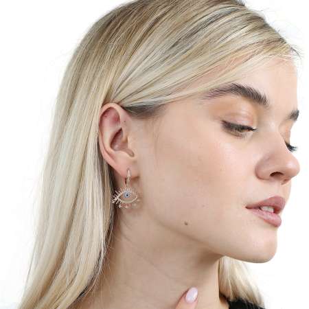 Beyaz Zirkon Taşlı Göz Tasarım Rose Renk 925 Ayar Gümüş Kadın Küpe - Tesbihane